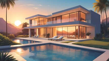 Fototapeta premium Luxurious modern villa with an infinity pool, sunset lighting, and artistic landscaping, vector art
