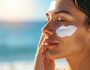 A person using sunscreen on their face outdoors, bright sunny day, healthy skin protection