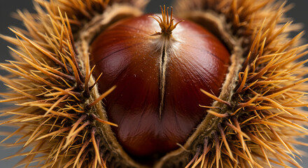 Perfectly Opened Chestnut Showing Seed in Spiky Shell Macro Photography