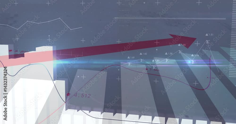 Poster red arrow climbing upward over translucent 3d bar charts and colored line graphs on grid interface