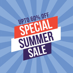 Special Summer Sale, Up to 60% Off, Bright Banner For Your Website. Vector Illustration. 