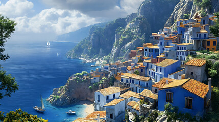 Obraz premium Picturesque coastal village nestled amongst dramatic cliffs.