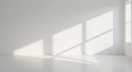 Obraz premium Soft sunlight casting geometric shadows, minimalist indoor space with bright white walls and smooth floor, ideal for serene ambiance.use for mockup