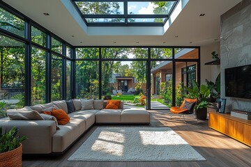 Fototapeta premium Modern family room with large skylight, glass bays overlooking the garden, cozy sofa and armchair, white rug, and daylight-filled atmosphere.
