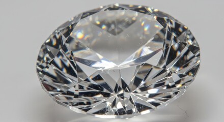 Close up shot of a brilliant cut diamond with multiple facets on a white surface showing light