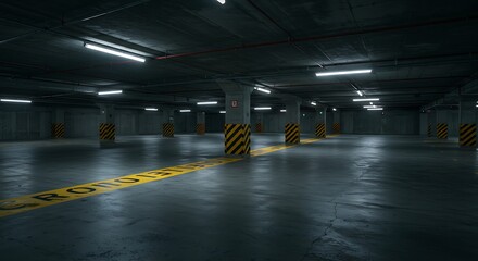 Abstract empty underground parking metal background with caution stripes
