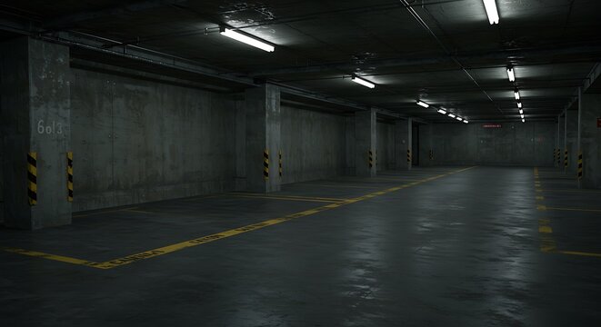 Abstract empty underground parking metal background with caution stripes