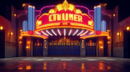 Neon-lit CTHLIMER Theater: A Retro-Style Night Scene