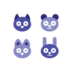 Cute Blue Animal Icons Cat, Panda, Kitten, Bunny