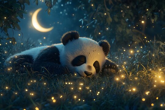 A sleeping panda bear peacefully rests under the moonlight with glowing fireflies around it