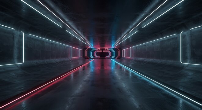 Sci Fi Futuristic Asphalt Tunnel Corridor Garage Cement Road Double Lined Concrete Walls Underground Dark Night Neon Glowing Arc Stage Showroom 3D Rendering