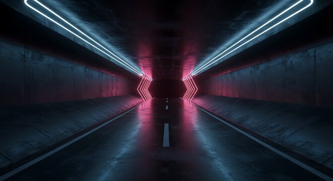 Sci Fi Futuristic Asphalt Tunnel Corridor Garage Cement Road Double Lined Concrete Walls Underground Dark Night Neon Glowing Arc Stage Showroom 3D Rendering