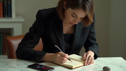 Asian businesswoman sketches in notebook on marble desk. Black blazer, pebble, and color-sorted books exemplify minimalist precision.