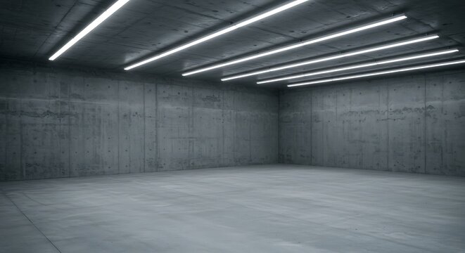 Abstract empty garage interior, background with concrete walls and white ceiling lights