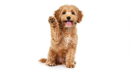 A golden doodle puppy sitting and raising its paw on a white background in a studio setting looking happy