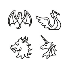Mythical Creatures Line Art Dragon, Gryphon, Lion, Unicorn