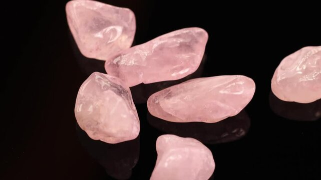 Spinning Rose Quartz Stones on Reflective Surface