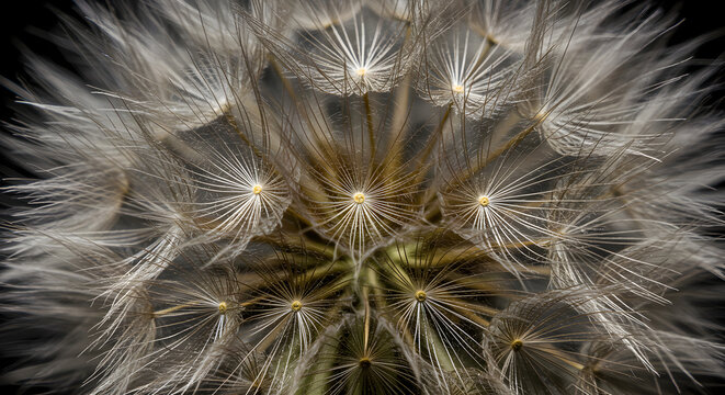 Detailed Presentation Of Dandelion Seeds Ready To Fly On The Dark Background