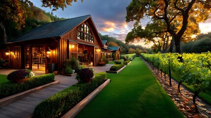 Fototapeta premium Winery Sunset: Rustic Barn & Vineyard - Rustic/Farmhouse aesthetic