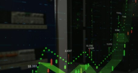 Financial chart animating in dark server room showing green dot matrix trends and candlestick bars - Powered by Adobe
