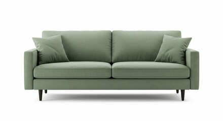 A light green sofa with two cushions on a white background in a studio setting with dark legs