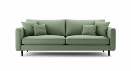 A light green sofa with pillows on a white background in a studio setting with dark legs