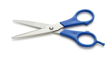 A pair of blue handled scissors with silver blades open on a white background in a studio shot