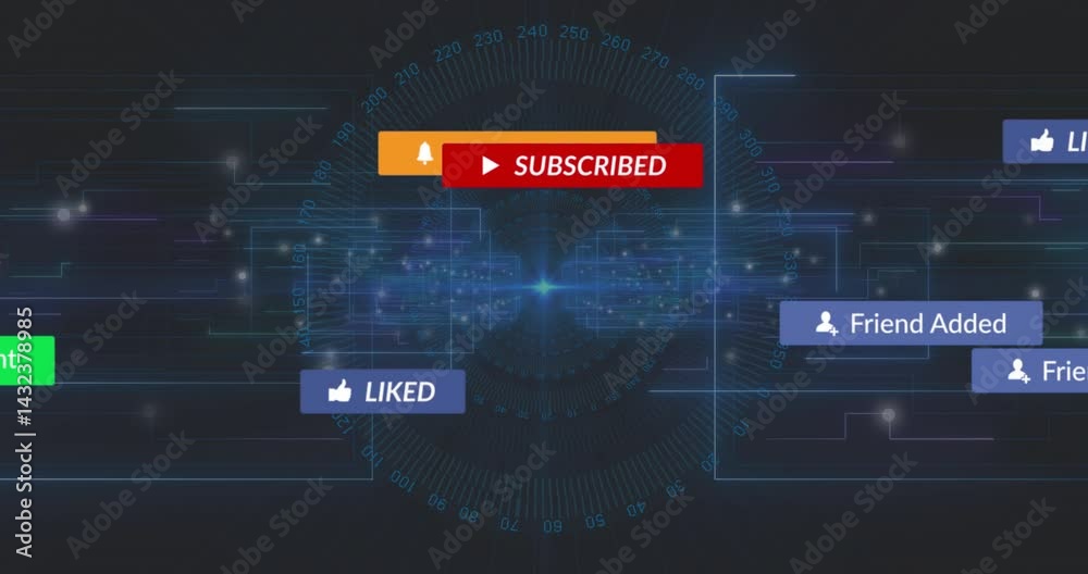 Poster red subscribed button hovering center, glowing 3d neon circuit lines connecting notification icons
