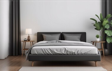 Modern minimalist bedroom interior.  Dark grey bed, light wood side tables, and a large plant add visual interest to the calming space.  Natural light enhances the clean lines.