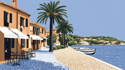 Fototapeta premium Pastel-toned illustration of a charming seaside village cafe.