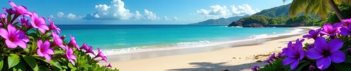 Fototapeta premium Hawaiian beach, vibrant purple flowers blooming near shore, lush, sea, ocean view