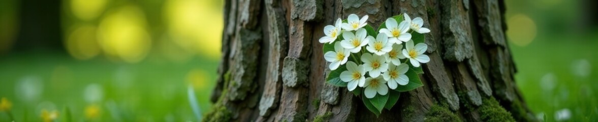 Heart-shaped wreath of white flowers rests against a weathered oak tree trunk , peace, mourning, branches
