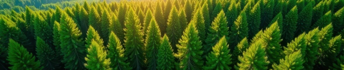 High altitude drone shot, vibrant green pine trees summer, rural, landscape