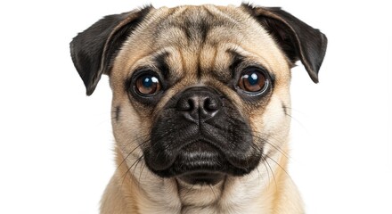 Obraz premium Close up shot of a cute pug with a black nose and big brown eyes on a white background looking at camera