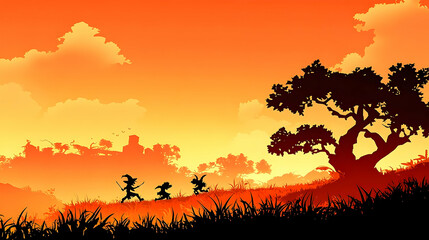 Silhouette figures run across a grassy hilltop at sunset.