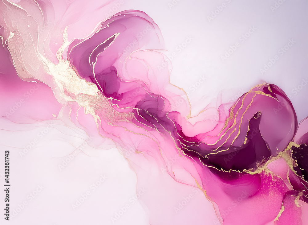 Poster a flowing abstract design with a hint of gold. it features blended hues, pink, purple, and gold, cre