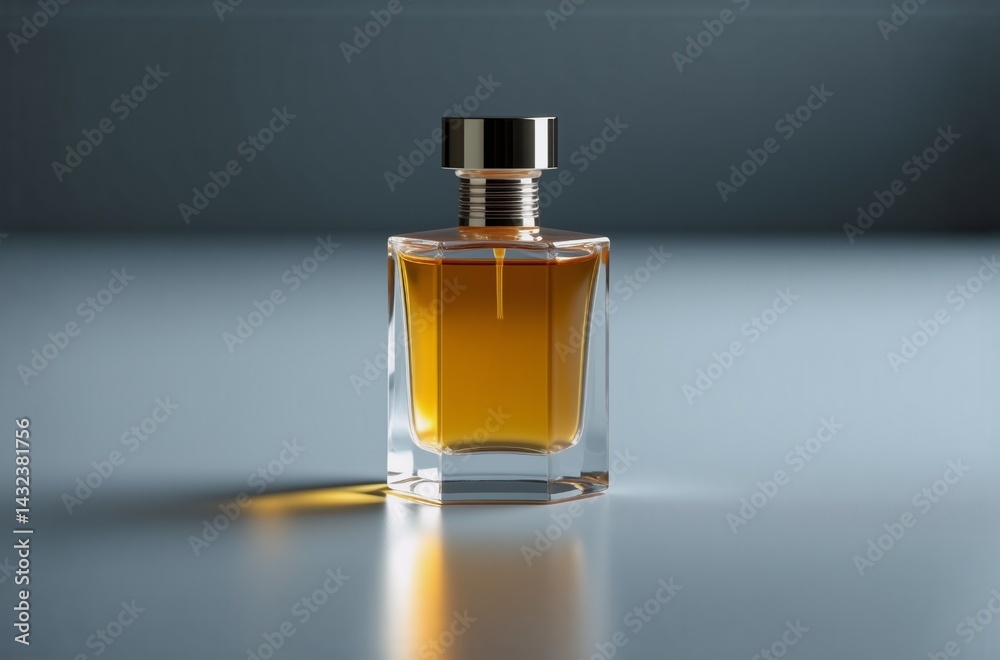 Poster a single amber perfume bottle sits on a reflective surface, casting a subtle shadow. the sleek, geom