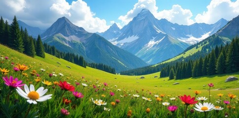 Fototapeta premium High elevation meadow, granite peaks loom, wildflowers carpet the valley floor , vista, mountain meadow