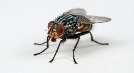 Fototapeta premium Close up shot of a fly with red eyes and striped body standing on a white surface looking forward