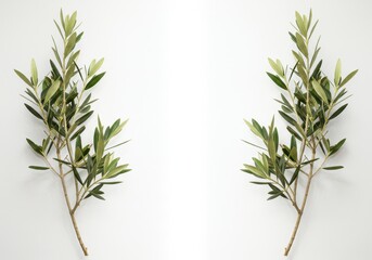 Two olive branches with green leaves symmetrically placed on a white background creating a simple design