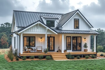 Simple modern farmhouse with white Hardie board, large windows, perforated metal accent wall, and covered porch with wood flooring.