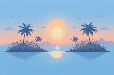 Obraz premium Serene sunset over two tropical islands reflected in calm ocean water. Perfect avatar background.