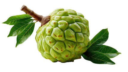 Obraz premium Exotic Custard Apple: A close-up shot of a fresh, ripe custard apple, showcasing its unique textured surface and vibrant green leaves, evoking a sense of tropical indulgence.