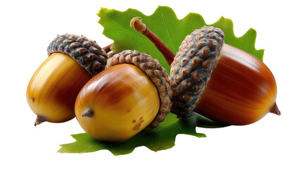 Acorn with leaf: A cluster of acorns with their textured caps rests upon vibrant green leaves, a close-up shot that encapsulates the quiet beauty of nature's intricacies.