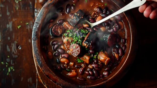 Feijoada seen from above in rustic bowl, camera pans slowly from right to left. Steam rises. 4K.

