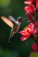 Fototapeta premium Hummingbird feeding, blurred wings, intense red bloom, macro, swift