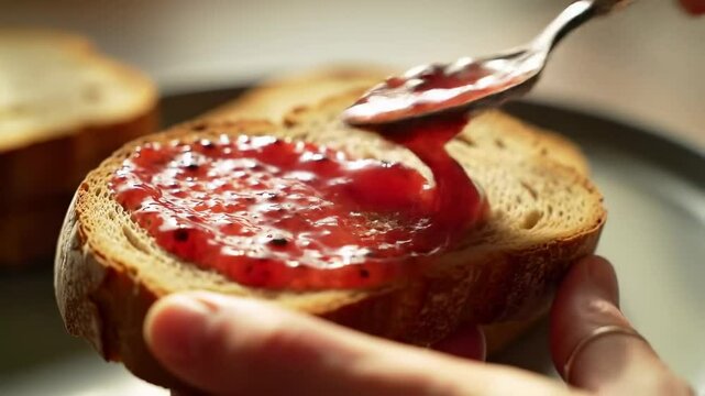 A Close-Up View of a Person Spreading Strawberry Jam on Whole Grain Bread with a Spoon, Captured in a Cozy Kitchen Setting