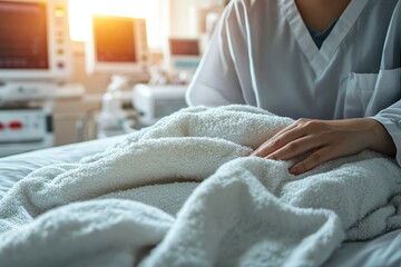 A hospital corner with monitors and clean sheets. A nurse adjusts the blanket while comforting the patient. The mood is warm and gentle
