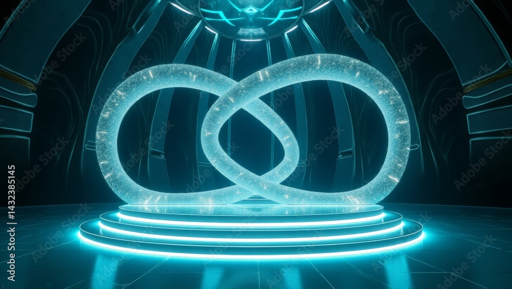 Wall mural futuristic illuminated structure with intersecting loops and glowing pedestal in a dark space
