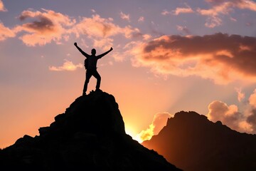 Lone Hiker Standing Triumphantly on Summit Silhouette | Hiker | Summit | Silhouette